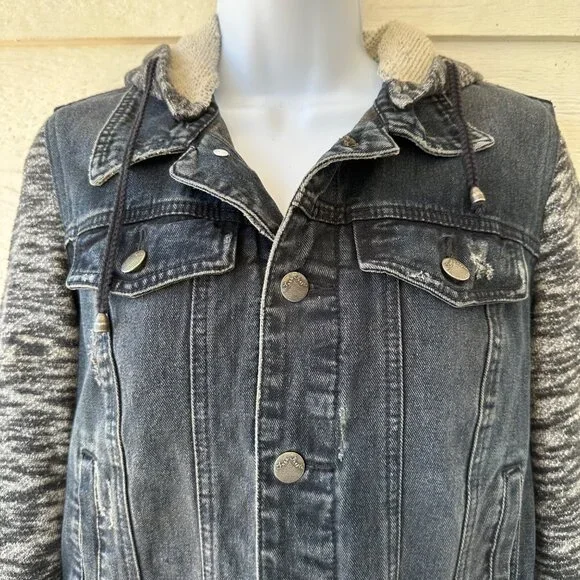 Free People Sz S/P Denim Jacket Hooded Black Button Front Manufactured Distress - Picture 2 of 14